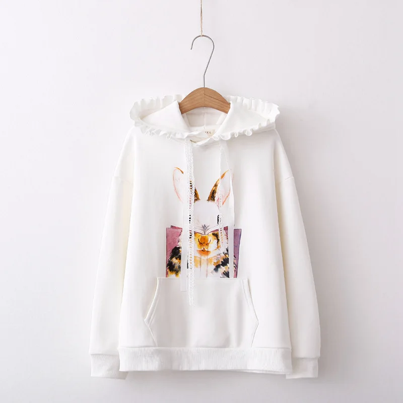 Осень Корея Kawaii хлопок флис толстовки для женщин подростков девушка Harajuku розовый кролик мультфильм печатных полный рукав пуловер с лентой