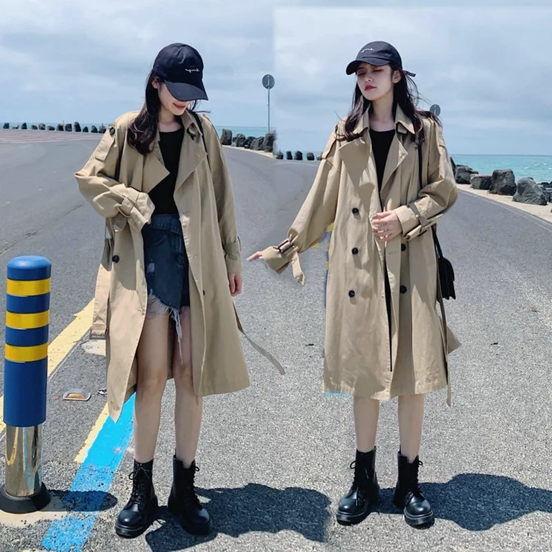 

Photo Shoot Main Push INS England Big Brand Khaki Fold-down Collar Double Breasted Waist Hugging Lace-up Mid-length Trench Coat