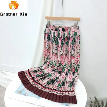 

Casual Style Women High Waist Skirt Pleated Skirt Vintage Printing Midi Skirt