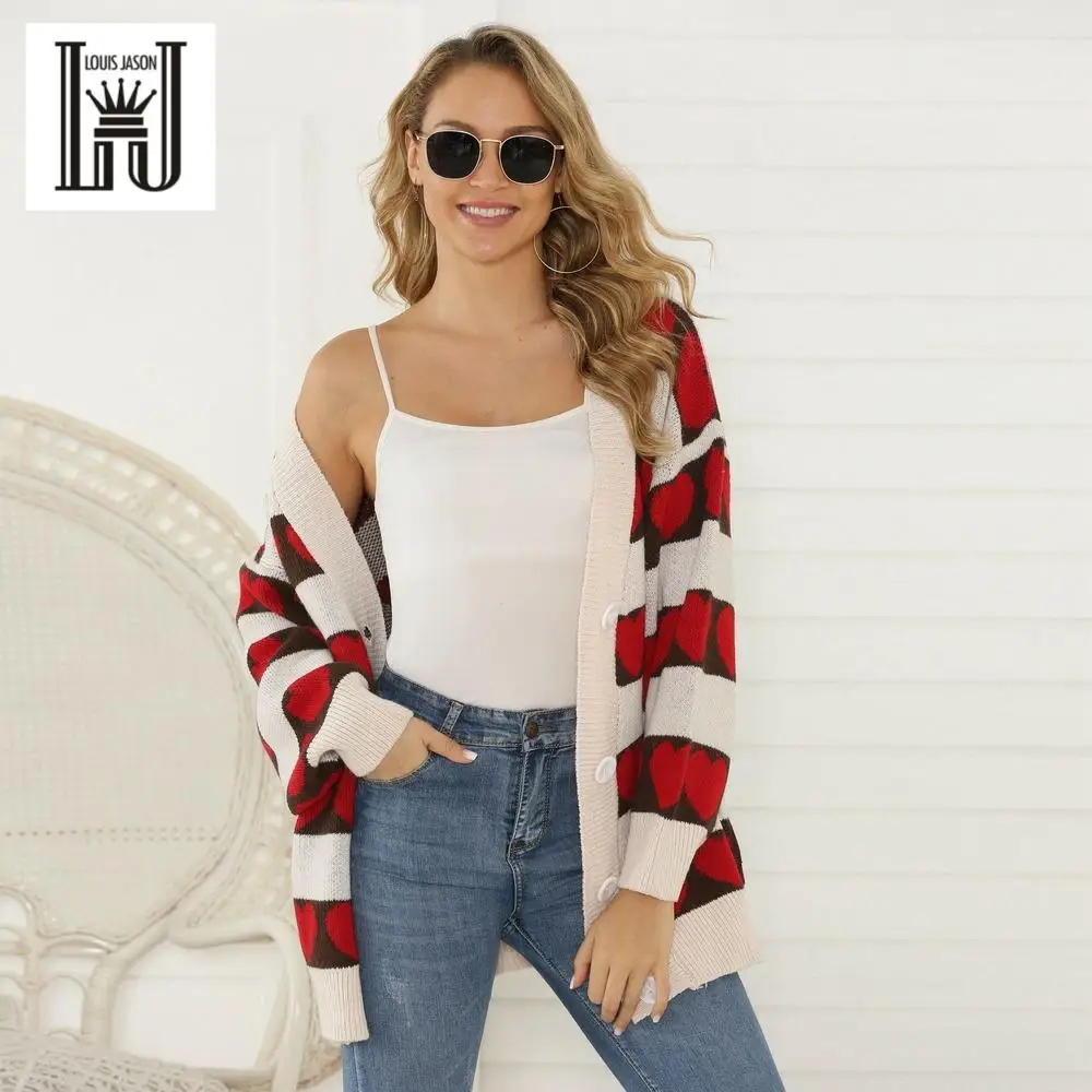 

LOUIS JASON Women Cardigan Sweater Leisure V-neck Love Long-sleeved Loose Sweater Women's Knitted Sweater Jacket Female Coats