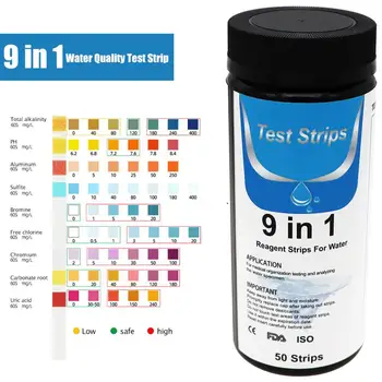 

9-In-1 Swimming Pool Test Paper Residual Chlorine PH Value Alkalinity Hardness Test Strip Swimming Pool Spa Chlorine Test Strip