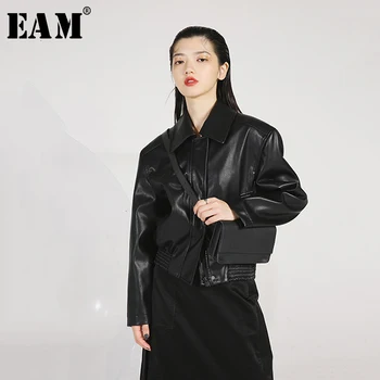 

[EAM] Loose Fit Black Brief Pu Leather Short Jacket New Lapel Long Sleeve Women Coat Fashion Tide Spring Autumn 2020 1H497