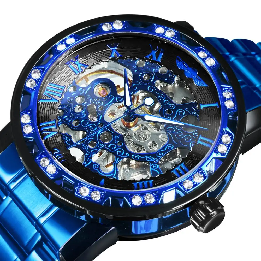 WINNER Watch Mechanical Watches Men Skeleton Luxury Brand Crystal Blue  Wrist Watch Man Fashion Stainless Steel Relógio Masculino