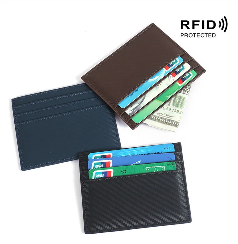 

BYCOBECY Men's Leather Compact Credit Card Holder Wallet Carbon Fiber RFID Wallet Ultra-thin Retro Card Package Slim Coin Purse