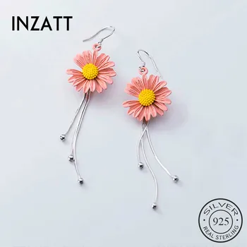 

INZATT Real 925 Sterling Silver Flower Chain Tassel Dangle Drop Earrings Fine Jewelry For Fashion Women Party Plant Accessories