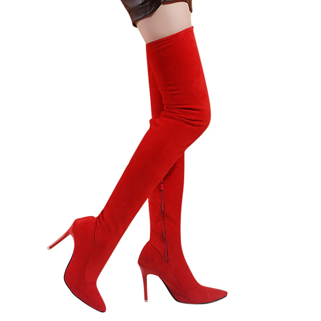 Модные женские высокие сапоги из флока на молнии с острым носком Сапоги выше колена на высоком каблуке; сезон осень-зима; дропшиппинг