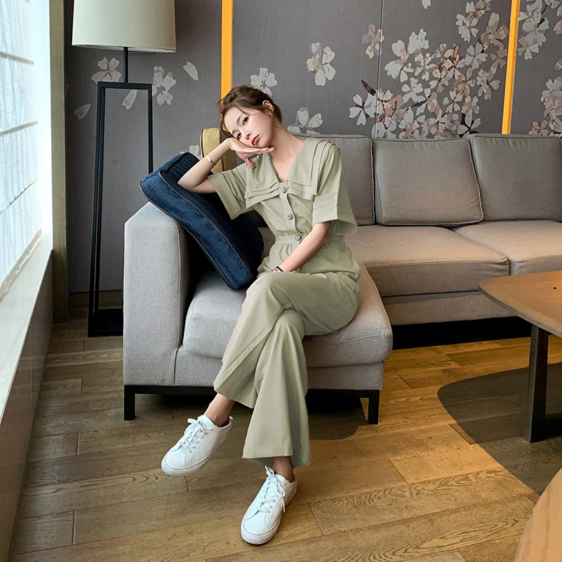2020 Summer Women Short Sleeve Multilayer Collar Design Loose Casual Wide Leg Pants Jumpsuits Female Elegant Romper Overalls 2020 Summer Women Short Sleeve Multilayer Collar Design Loose Casual Wide Leg Pants Jumpsuits Female Elegant Romper Overalls