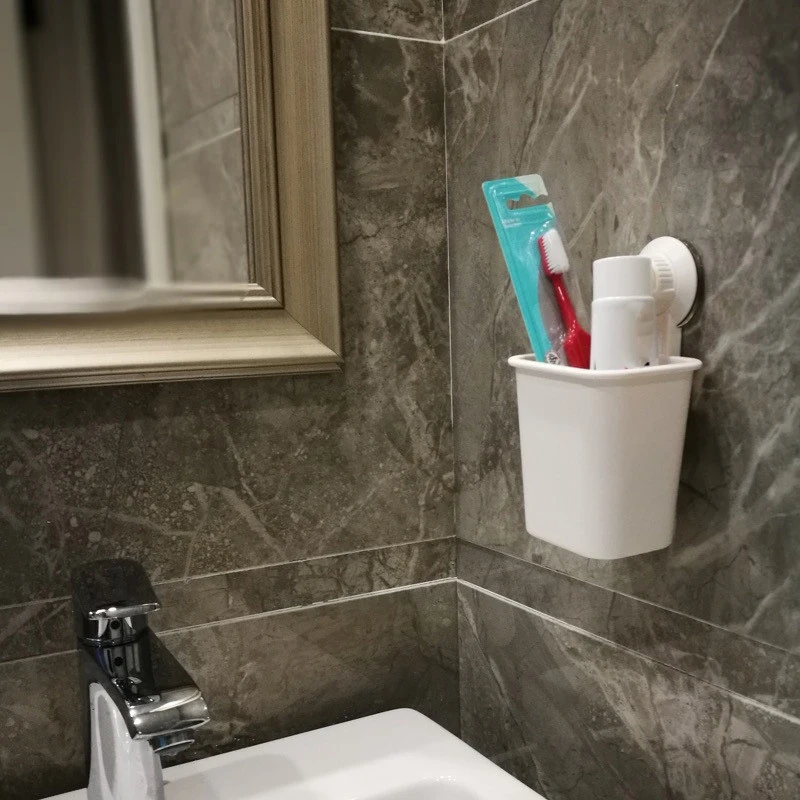

1 PC Suction Cup Toothbrush Cup Holder Rack Plastic Holder Toothpaste Storage Box for Kitchen Bathroom Toilet White