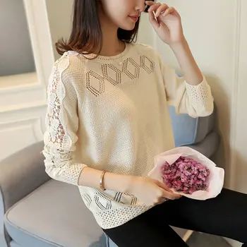 

Fashion Women Spring Autumn Pullovers Long Sleeve Slim Lady's Knitted Sweaters Lace Style Womens Hollow Out Top Pullovers White