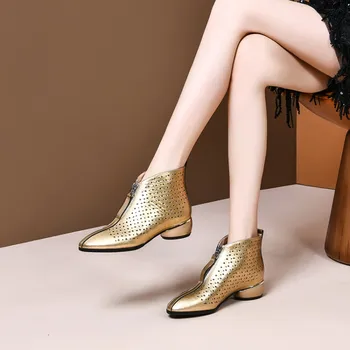 

MLJUESE 2020 women ankle boots cow leather gold color round toe zippers summer boots cut-outs high heels women boots party dress
