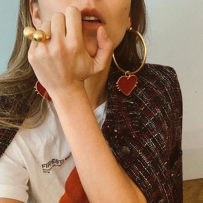YAOLOGE Korean Fashion Gold Red Big Hollow Love Heart Dangle Earrings For Women Girl Simple Statement Long Drop Gift | Украшения и