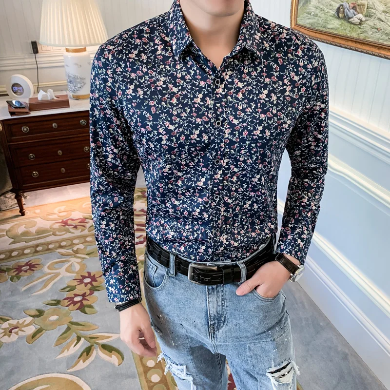 

Korean Mens Clothing 2019 Autumn Men Floral Shirts Long Sleeve Streetwear Mens Casual Shirts Slim Fit Party Wear Tuxedo Shirt