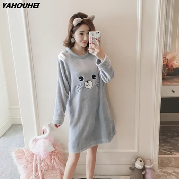 

2019 Winter Girls Cute Cartoon Thick Warm Flannel Nightgowns For Women Long Sleeve Coral Velvet Night Dress Sleepwear Nightdress