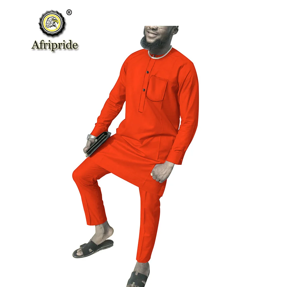 Африканская мужская одежда костюм из 2 предметов рубашки с длинными рукавами Топы+ брюки комплект Анкара тканевые с принтом карман AFRIPRIDE S1916004 - Цвет: 5