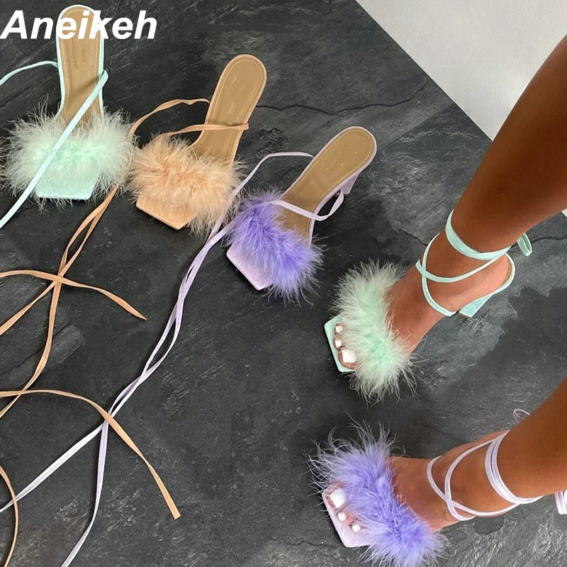 Women High Heels Aneikeh Summer Rome Fashion Furry Cross-Tied Women Pumps Sexy 11CM Thin High Heel Lace-up Dress Party Ladies Sandals