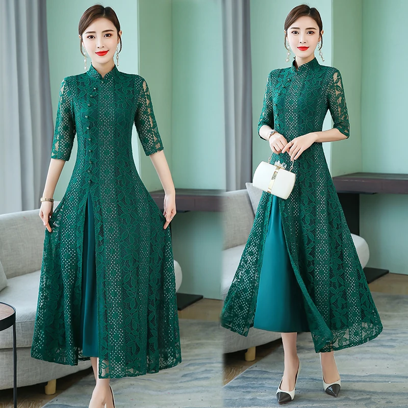 Винтажное повседневное Ретро cheongsam ao dai женское вьетнамское платье с вырезами, кружевное платье с воротником-стойкой, китайское платье в восточном стиле - Цвет: color9