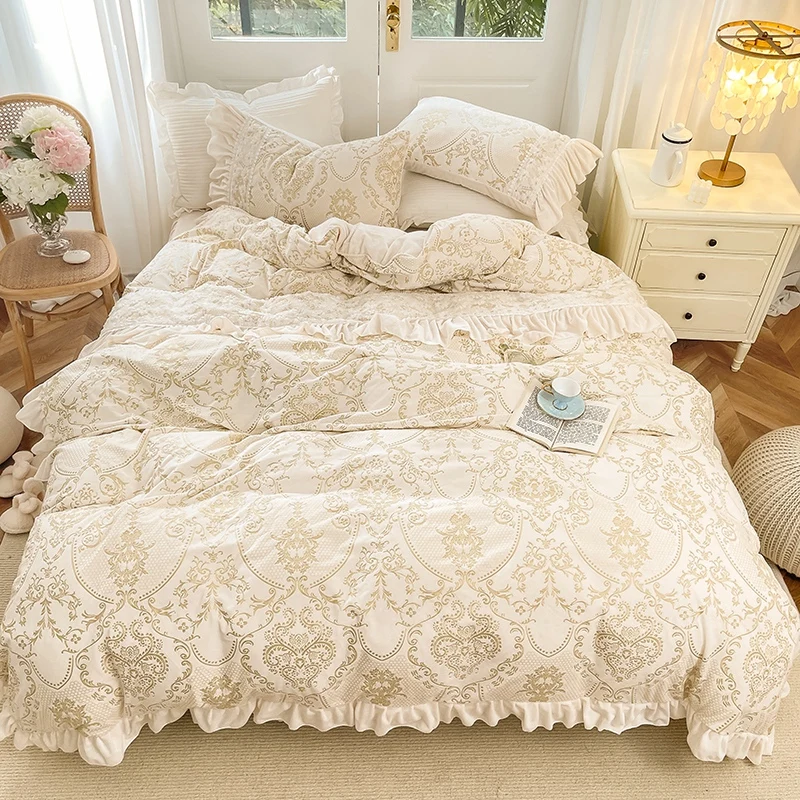 Bedding Comforter Set, 4 Pieces Bedding Set, Duvet Cover Sets Flannel  Fleece Panel Band Bedding Set Duvet Cover Bed Winter Flower Print Linen  Fitted
