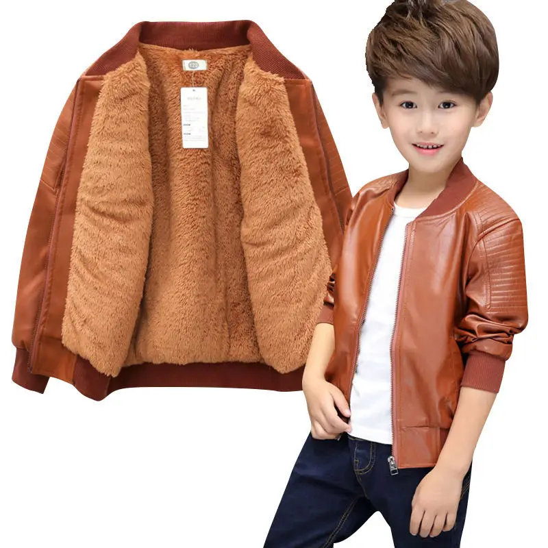 Boys Coats Autumn Winter Fashion Children's Plus Velvet / No Velvet Two styles Warming Cotton PU Leather Jacket For 1-11Y Kids - Image 3