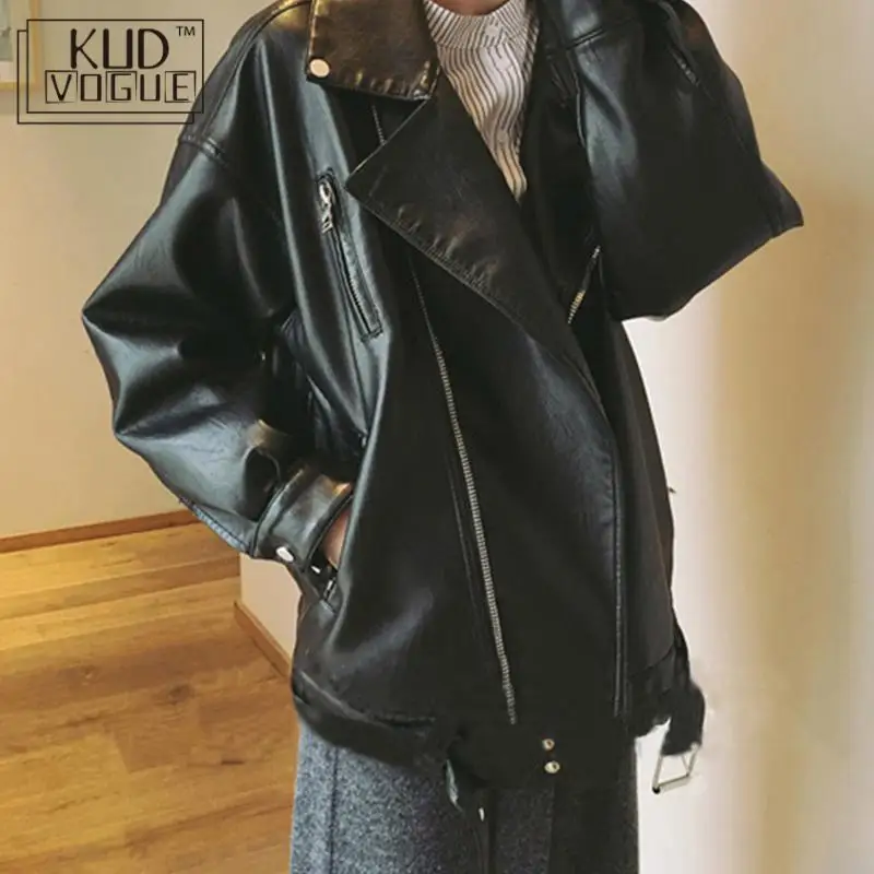 astounding  Spring Black Faux Pu Leather Oversize Lapel Zipper Bomber Jacket For Women Locomotive Punk Outerwea