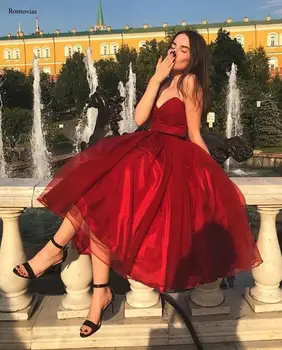 

Red Short Ball Gown Prom Dresses 2020 Strapless Sleeveless Tea Length Evening Party Dresses Formal Gowns Vestido de festa Custom