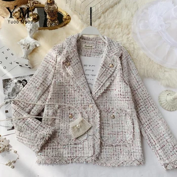 

YuooMuoo Brand Style Women Woolen Coat 2019 Autumn Elegant Single-breasted Plaid Wool Jacket Ladies Office Coat Pockets Blazers