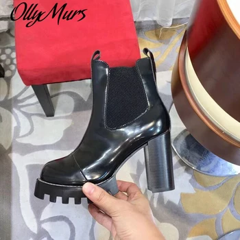 

Genuine Leather Platform Ankle Boots Women Luxury BrandSlip On Chunky Heels Short Winter Shoes Runway Motorcycle Boots for Women