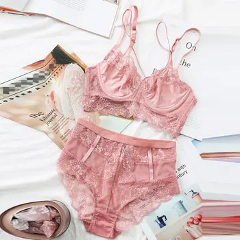 

Classic Bandage Pink Bra Set Lingerie Push Up Brassiere Lace Underwear Set Sexy High-Waist Panties For Women underwear