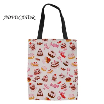 

Women Reusable Shopping Bags Bulk Cartoon Candy Ice Cream Design Canvas Tote Bags Large Canvas Tote Bag for Ladies Bolsa Compra