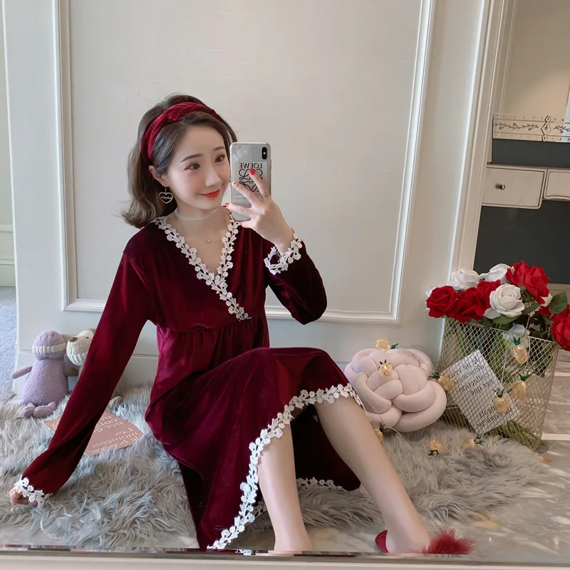 Autumn Winter Thick Sleepshirts Warm Flannel Nightgowns For Women Long Sleeve Coral Velvet Lace Sleepwear Girls Nightdress