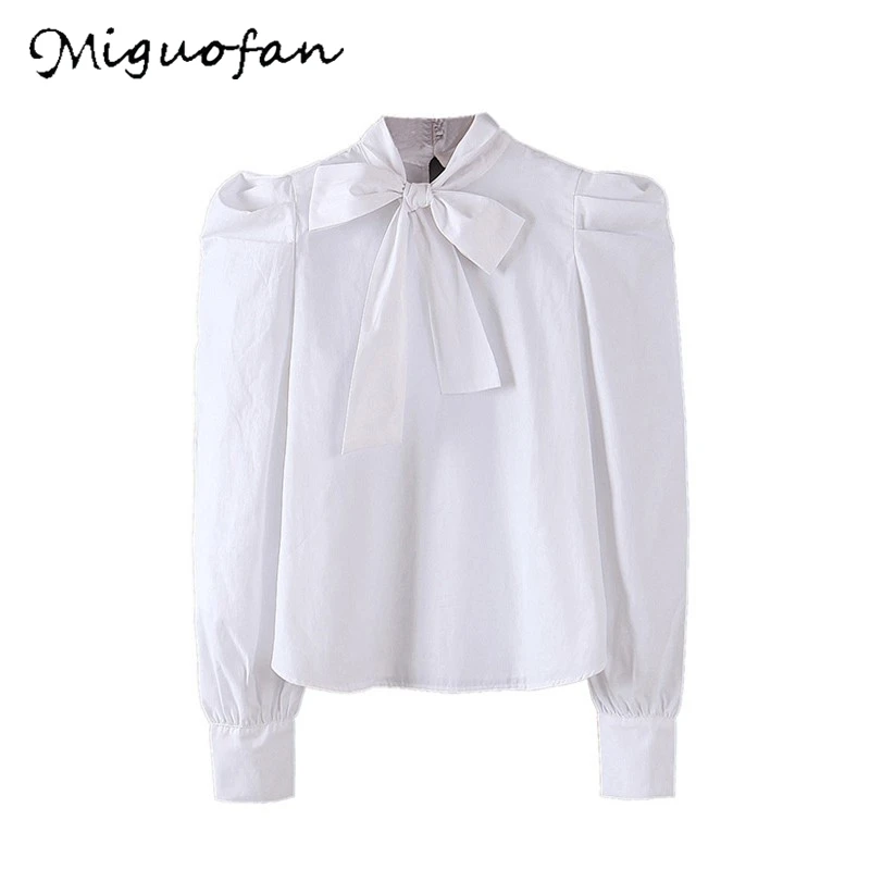 Camisa blanca a moda con cuello de moño para mujer de Miguofan, ropa femenina, ropa de oficina 2020 para mujer, camisas de traje zora|Blusas y - AliExpress