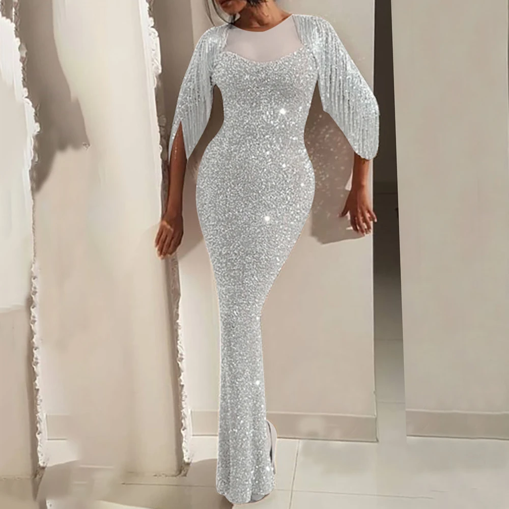 

LASPERAL Shiny Tassel Women Maxi Bodycon Dress Slim Hip Fishtail Tunic Women Long Dress Casual Sequins Sexy Women Party vestidos