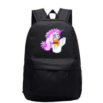 

Unicornio Vomitando Arco Iris Printed Kawaii Kids Backpack Black Nylon School Bags for Teenage Girls Unicorn Rainbow Travel Bags