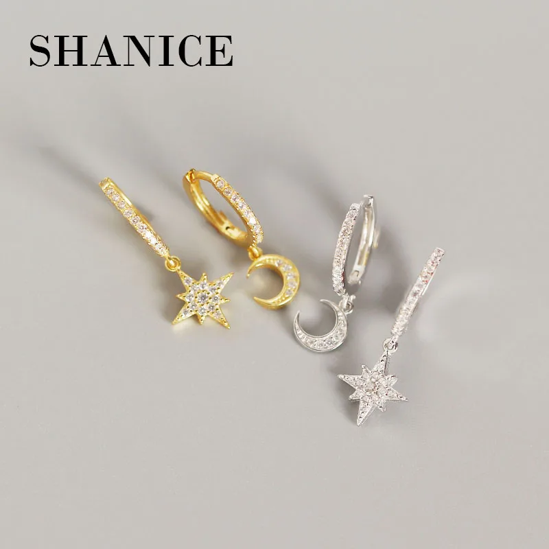 SHANICE, новинка, нежные маленькие серьги в виде звезды, 925 пробы, серебро, Сияющие, CZ, циркон, звезды, луна, подвеска, серьги-гвоздики для женщин