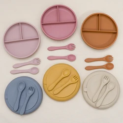 3pcs Child Feeding Cutlery Set Separating Plate with Suction Silicone Plate Fork Spoon Food Grade Silicone Material BPA Free