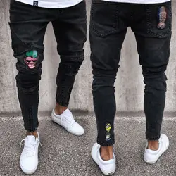 Повседневные мужские джинсы с вышивкой, модные мужские облегающие прямые джинсы с высокой талией, обтягивающие мужские джинсы, черные