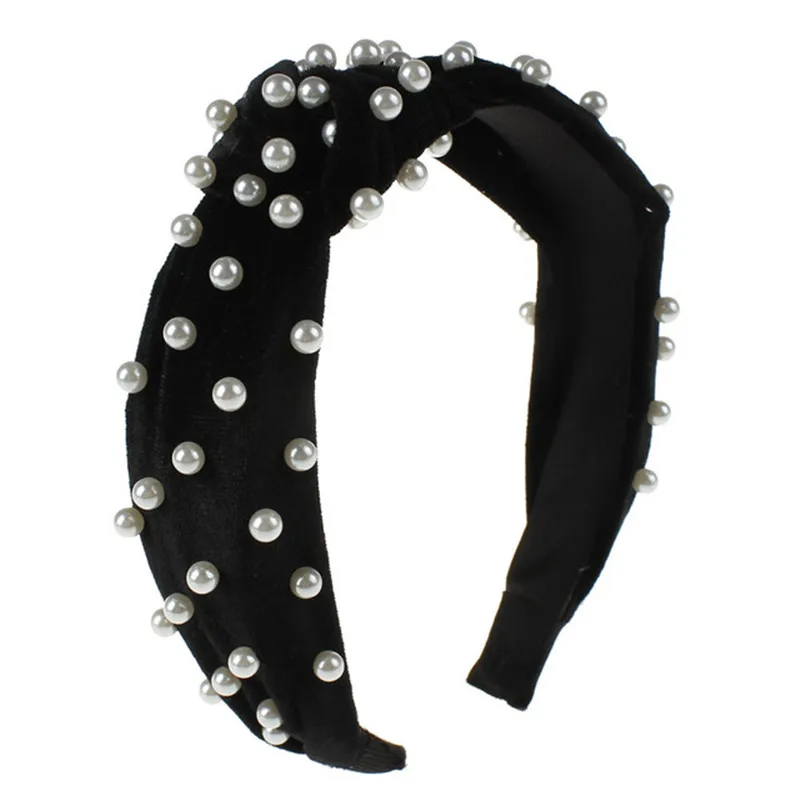 Flannel pearl headband women hair accessories 8 color sale scrunchie female opaska hair bands for women - Цвет: black