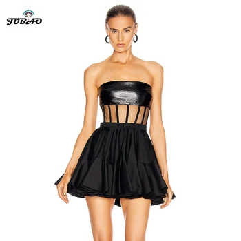 

leather off shoulder dress sundress ruched short black mesh a line skater strapless See through sexy plus size club dresses star
