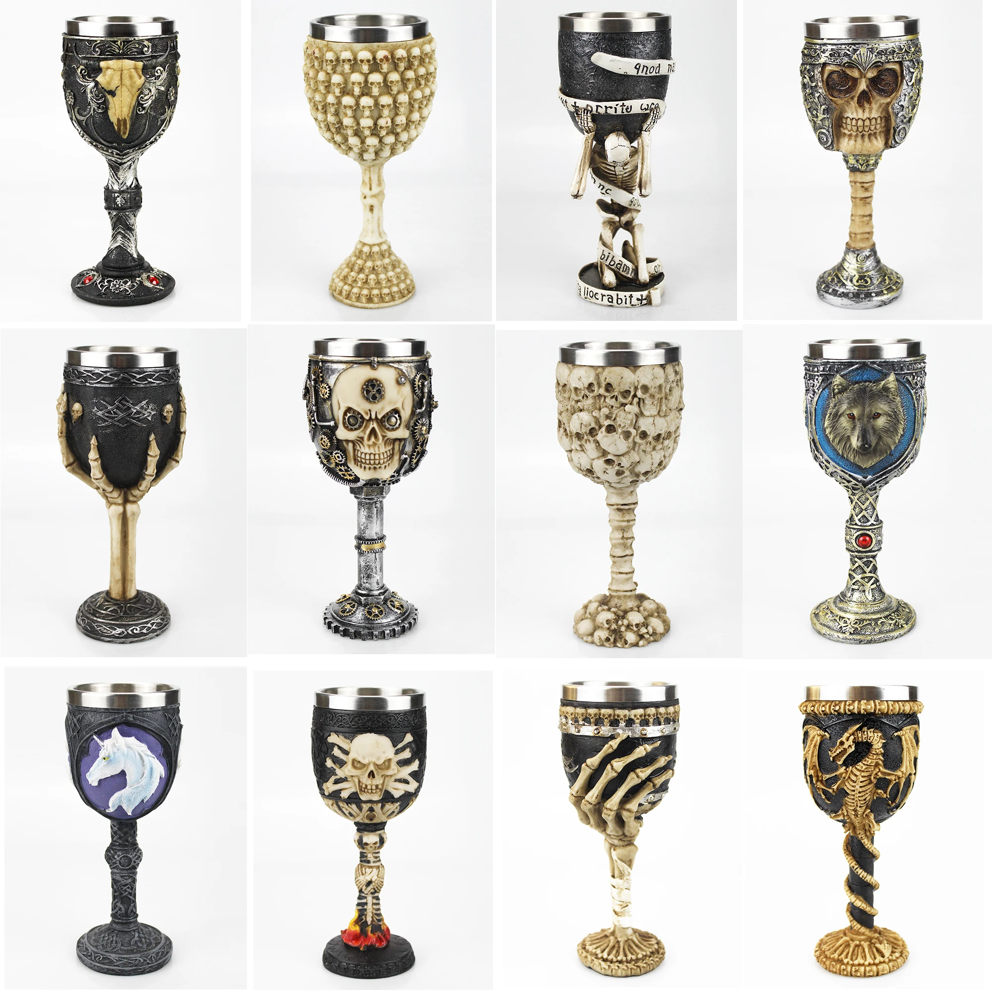 Whiskey Glass Gothic Goblet 3D Viking Stainless Steel Resin Skull Wine Goblet Dragon Claw Skeleton Spine for Halloween