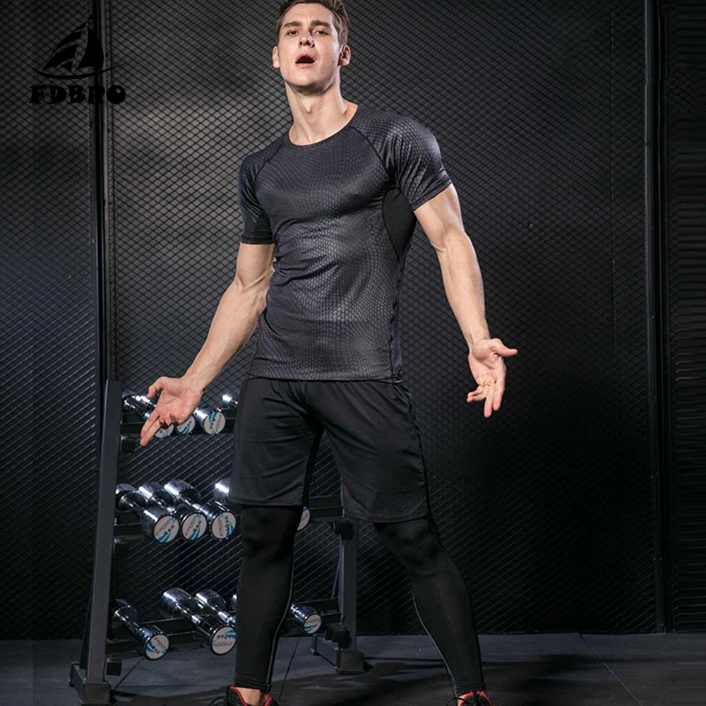 FDBRO Men's Compression Set Running Tights Workout Fitness Training Tracksuit Shirts Sport Suit Kit Running Gym Shirt Men - Цвет: lin