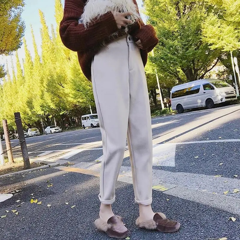 Autumn Women Elastic Woolen Pants Plus Size Black Beige Harem Pants