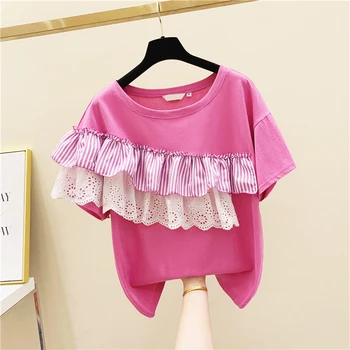 

Tshirt Women Lace Striped Panel Ruffles Cotton T-shirt Women Summer Short Sleeve T-shirt Girls Students Tops Ropa De Mujer