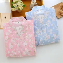 Кимоно, традиционная домашняя пижама, весенний костюм, японский v-образный вырез, длинный рукав, брюки, вишневый цвет, принт, хлопок, юката, Новинка