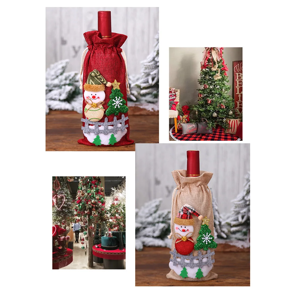 Christmas Santa Snowman Design Wine Bottle Cover Linen Christmas Bottle Dust Cover Dinner Table Decor Christmas Xmas Decoration