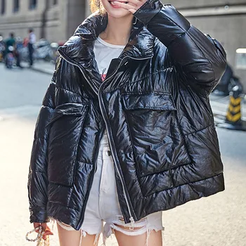 

Fashion Woman Glossy Jacket Hooded Parkas 2019 Winter Short Coat Women Silver Black Loose Thicken Cotton-Padded Jackets Coats