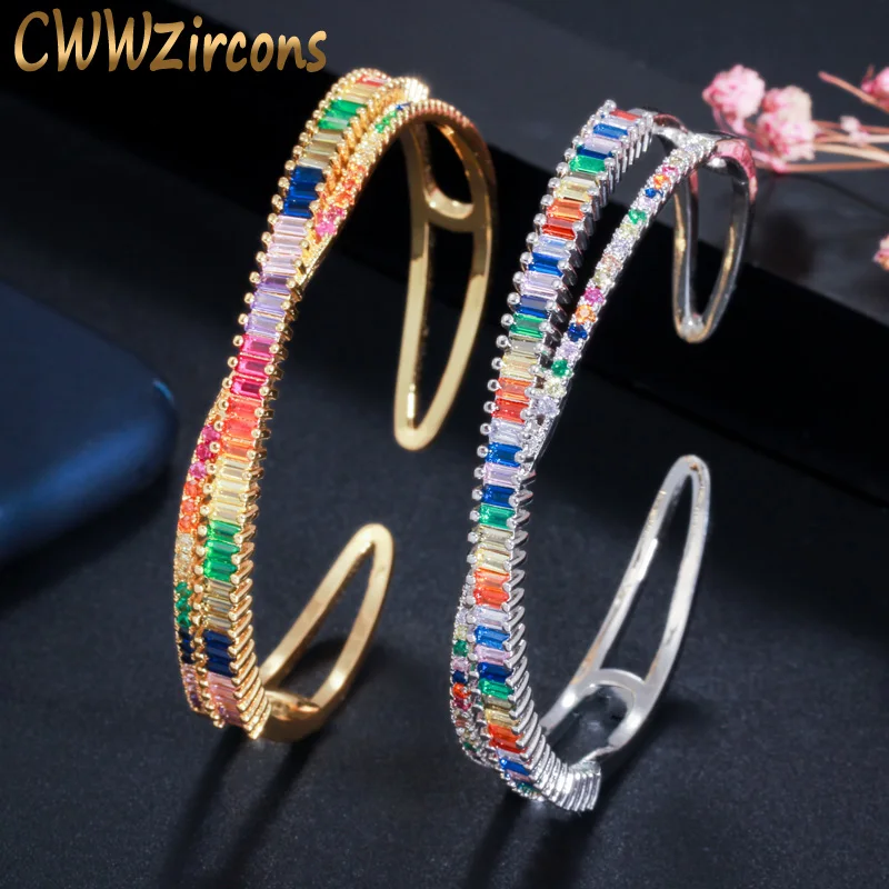 

CWWZircons Luxury Designer Yellow Gold Multi Color Rainbow CZ Crystal Women Cross Cuff Bangle Bracelet Best Friend Jewelry BG035