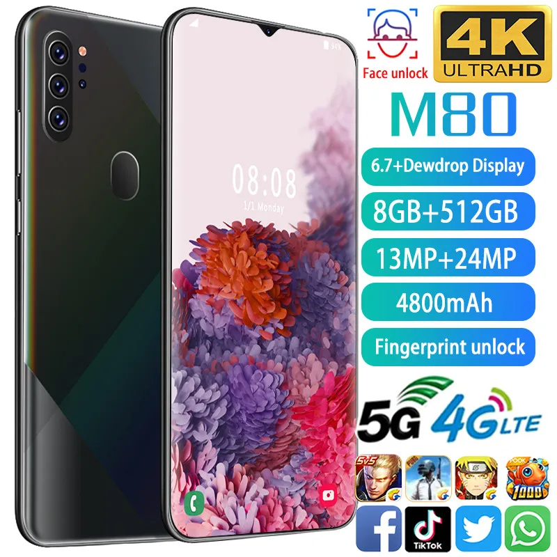 Mobile phone M80 Phone MTK6799 Cell phones 6.7inchHD+1440*3040 Cellphone 8GB+512GB Camera 13MP+24MP Unlocked smartphone