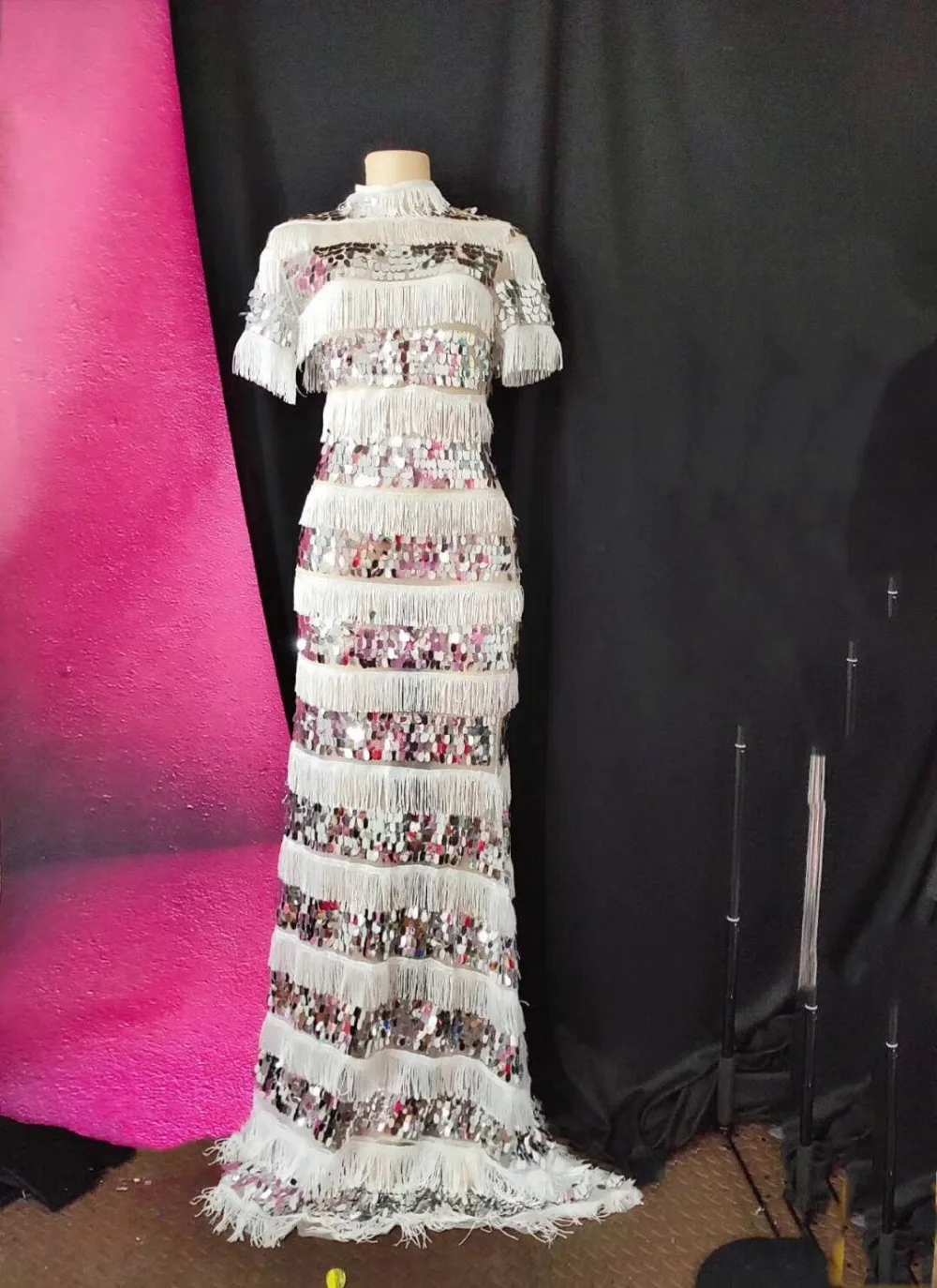 Прозрачное белое длинное платье с кисточками и пайетками, Сетчатое платье для дня рождения, для женщин, для шоу, выпускного, сцены