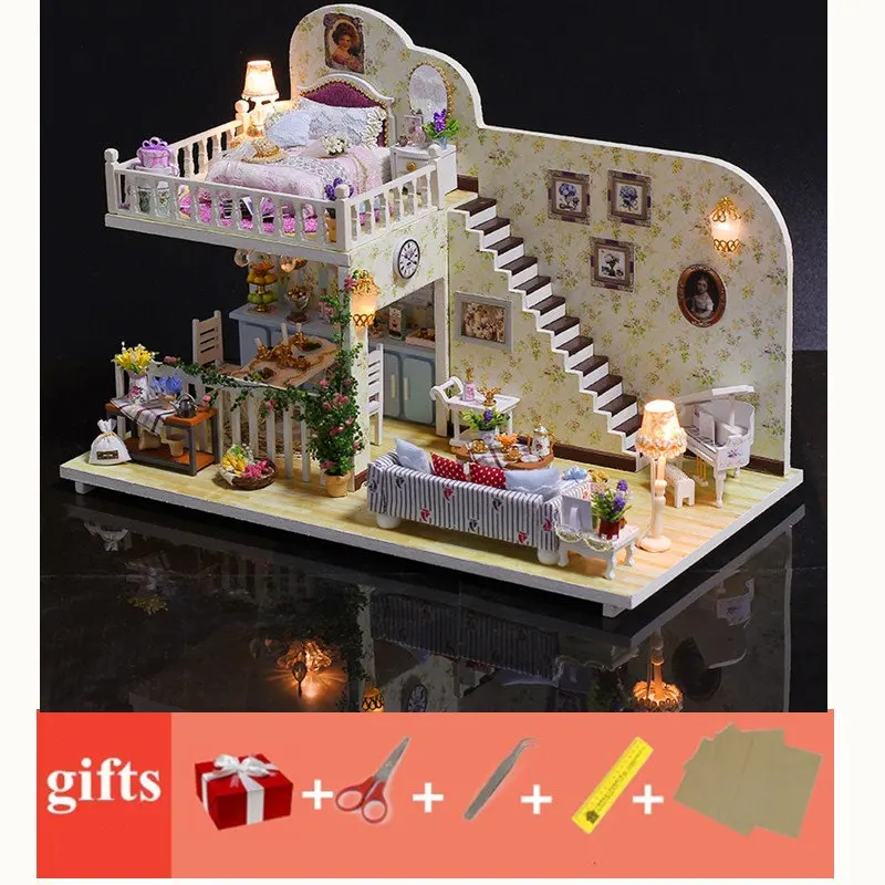 

large dolls house with dust cover furniture diy wooden kids dollshouse miniaturas house furnitures model toys for children