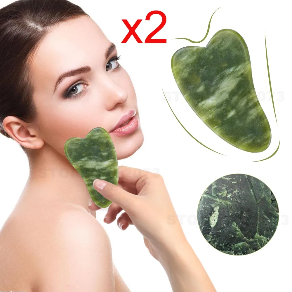 Promoción 2 uds verde Gua Sha placa masajeador para cara de acupresión Natural Jade piedra Facial ojo raspado Guasha salud corporal masaje herramienta oo3KMkKkVVn