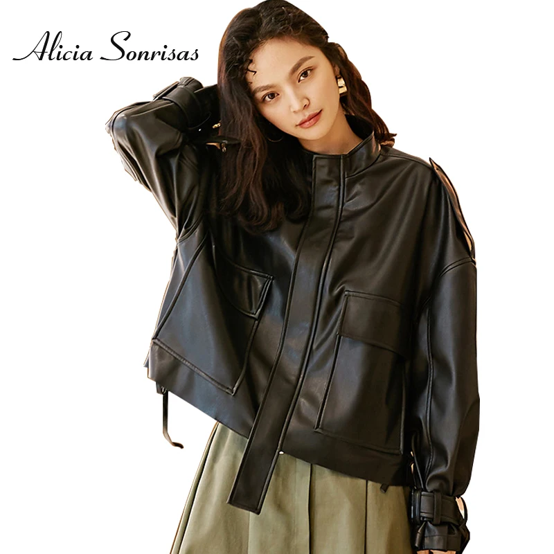 

Autumn Winter Leather Jacket Women Black Short Pu Faux Leather Coat Irregular Hem Epaulet Outwear Jaqueta De Couro Feminina